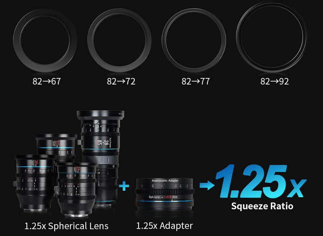 SIRUI 1.25x Anamorphic Adapter with 1.25x Spherical Lens and various step-up rings for optimal camera setup.