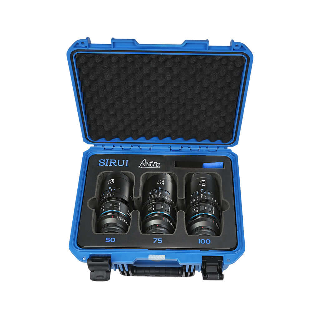 SIRUI Astra Series 1.33x Full Frame Auto Focus Anamorphic Cine Lens set in blue protective case with 50mm, 75mm, 100mm lenses