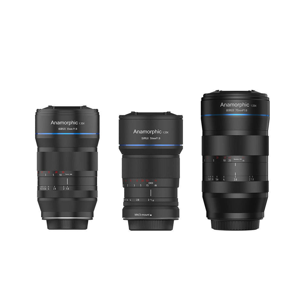 SIRUI 35mm F1.8 1.33x M4/3 Anamorphic Lens with two other Anamorphic lenses, showcasing different models and features.