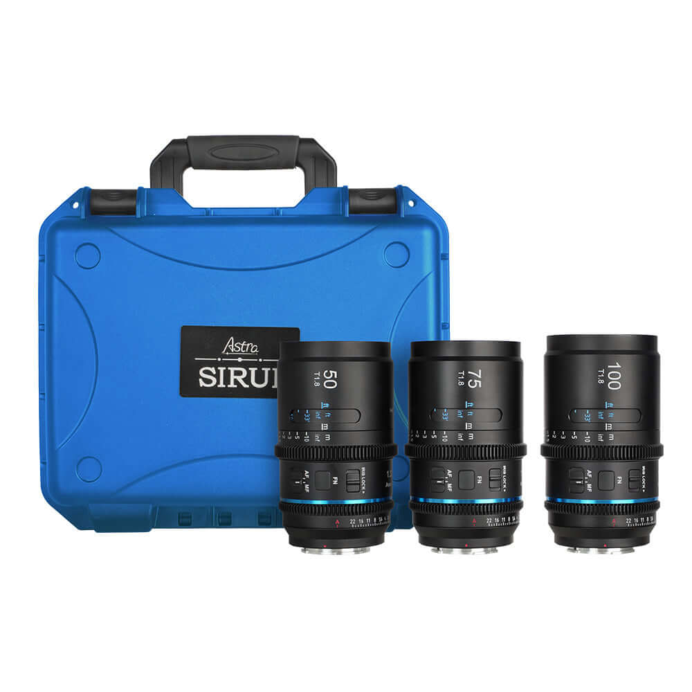 SIRUI Astra Series 1.33x Full Frame Auto Focus Anamorphic Cine Lens with 50mm, 75mm, and 100mm in blue case.