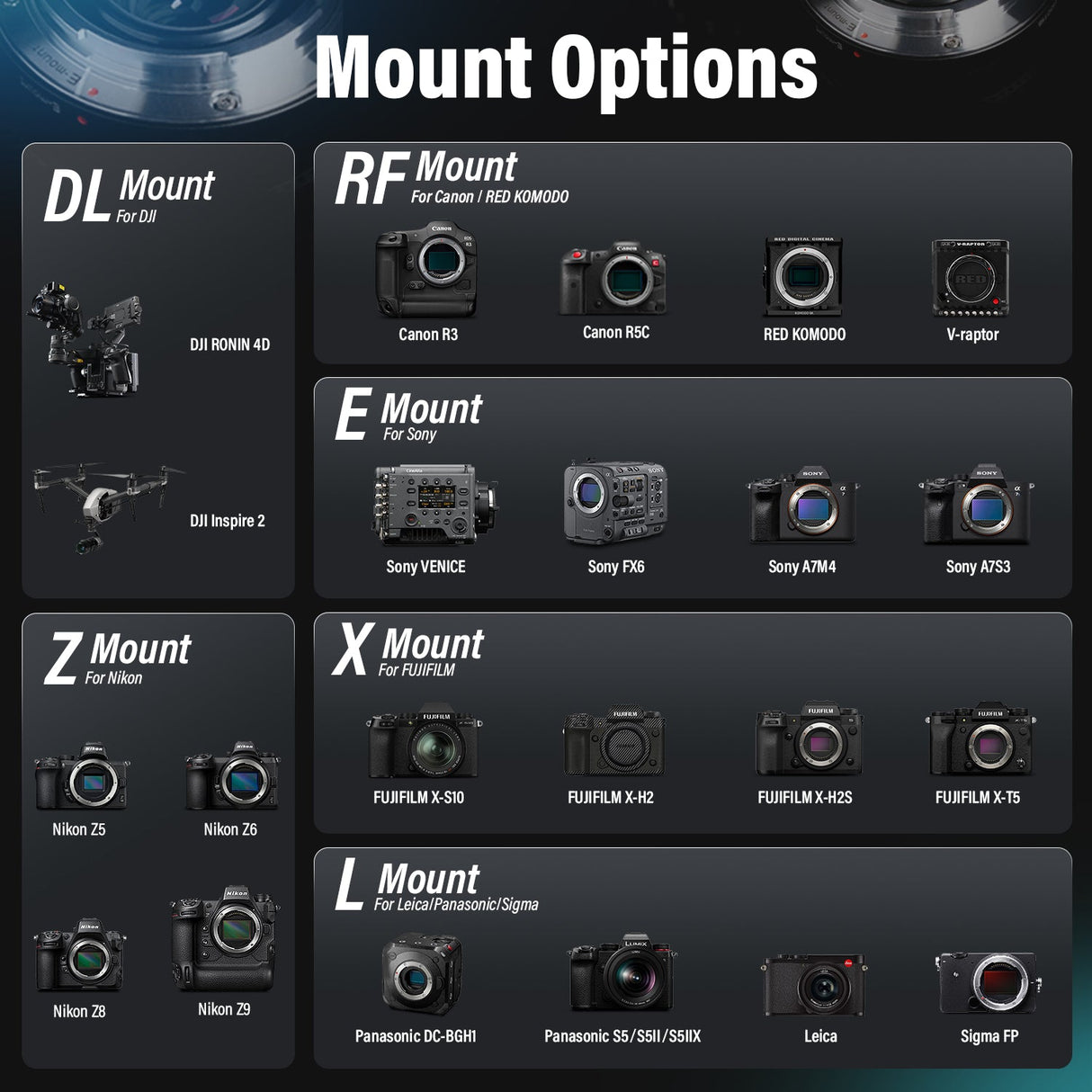 Mount options for various cameras including DL, RF, E, Z, X, and L mounts with compatible camera models.