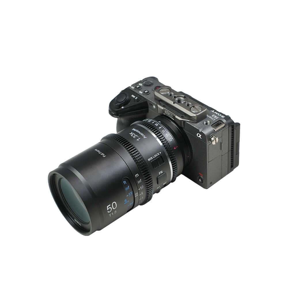 SIRUI Astra Series 1.33x Full Frame Auto Focus Anamorphic Cine Lens mounted on a camera body.
