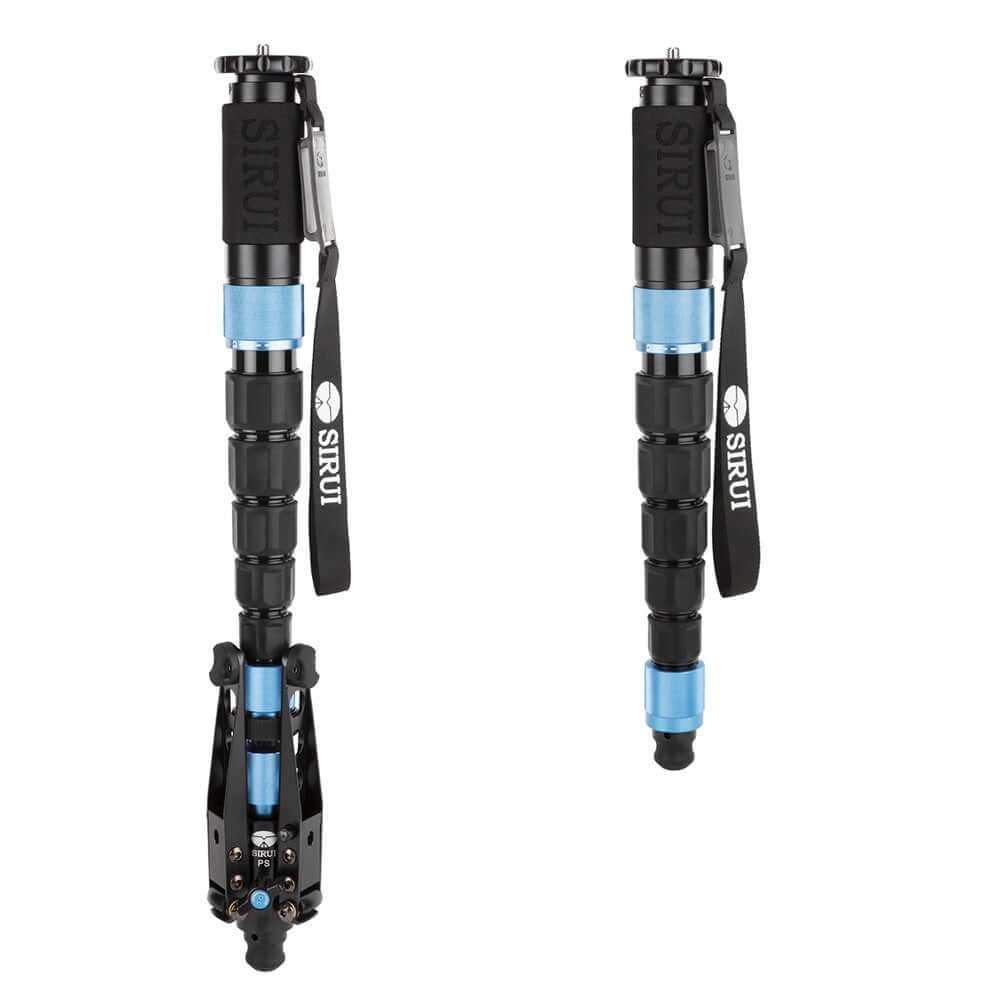 SIRUI P-326SR Multifunction Carbon Monopod with VH-10X Pro Fluid Video Head - PSR Series displayed in two positions.