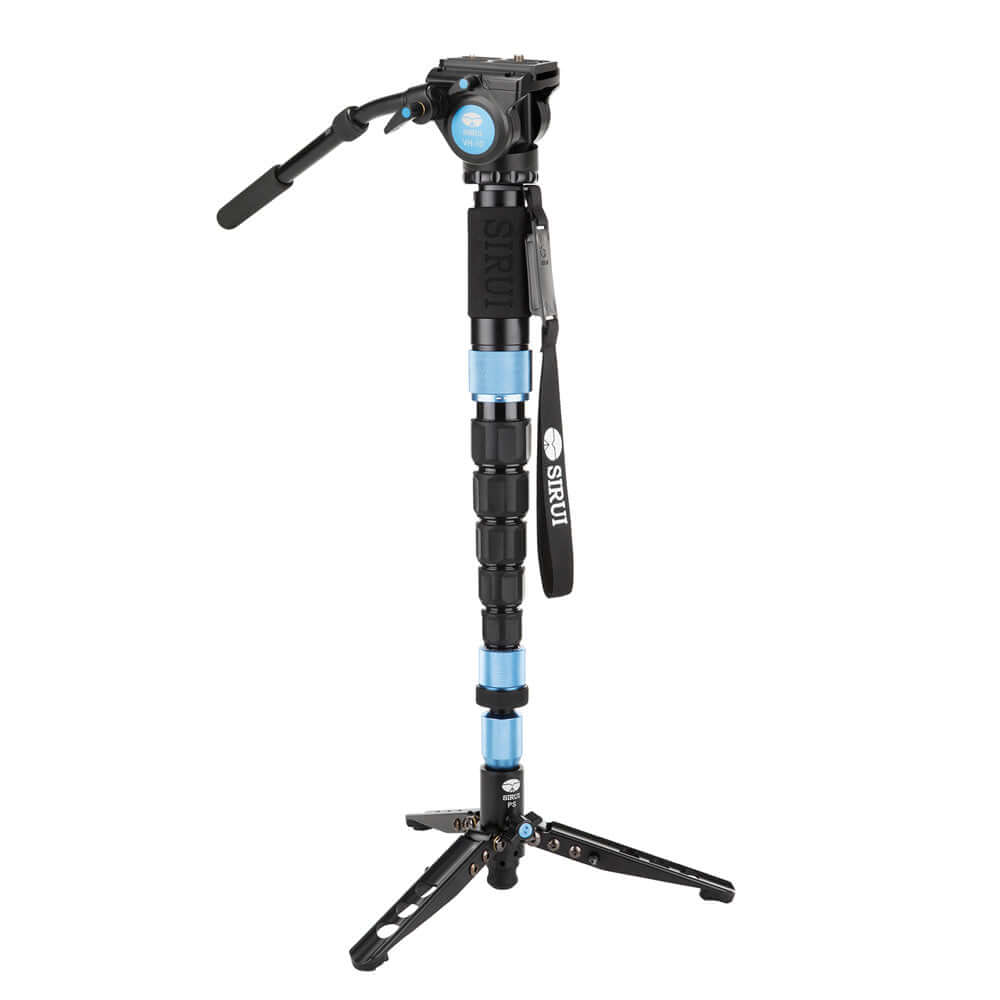 SIRUI P-426SR Multifunction Carbon Monopod with VH-10 Fluid Video Head - PSR Series standing with tripod legs deployed