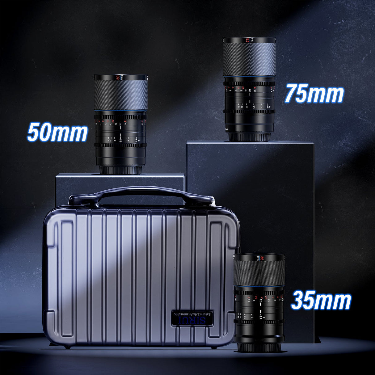 SIRUI Saturn 35/50/75mm T2.9 1.6x Full-Frame Carbon Fiber Anamorphic Lens displayed with case and background.