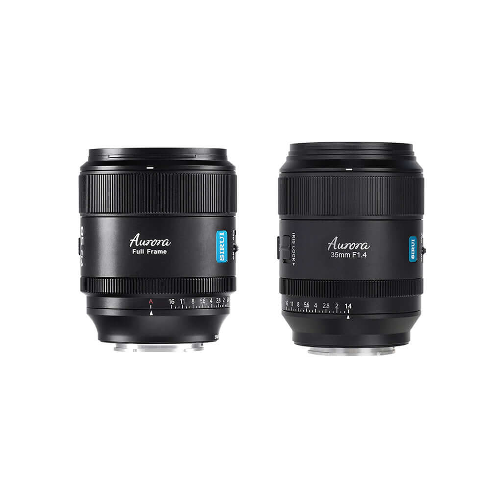SIRUI AURORA Series 35mm F1.4 Full-frame Autofocus Lens displayed from different angles.