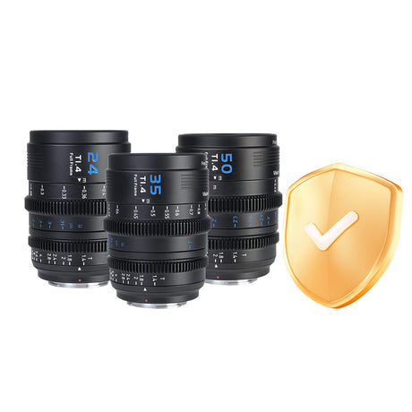 Sirui Care For Vision Prime 1 Series T1.4 Full-Frame Cine Lens set with shield icon for protection.