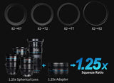 SIRUI 1.25x Anamorphic Adapter with 1.25x Spherical Lens and various step-up rings for optimal camera setup.