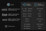SIRUI 1.25x Anamorphic Adapter compatibility chart for various lenses and focal lengths.
