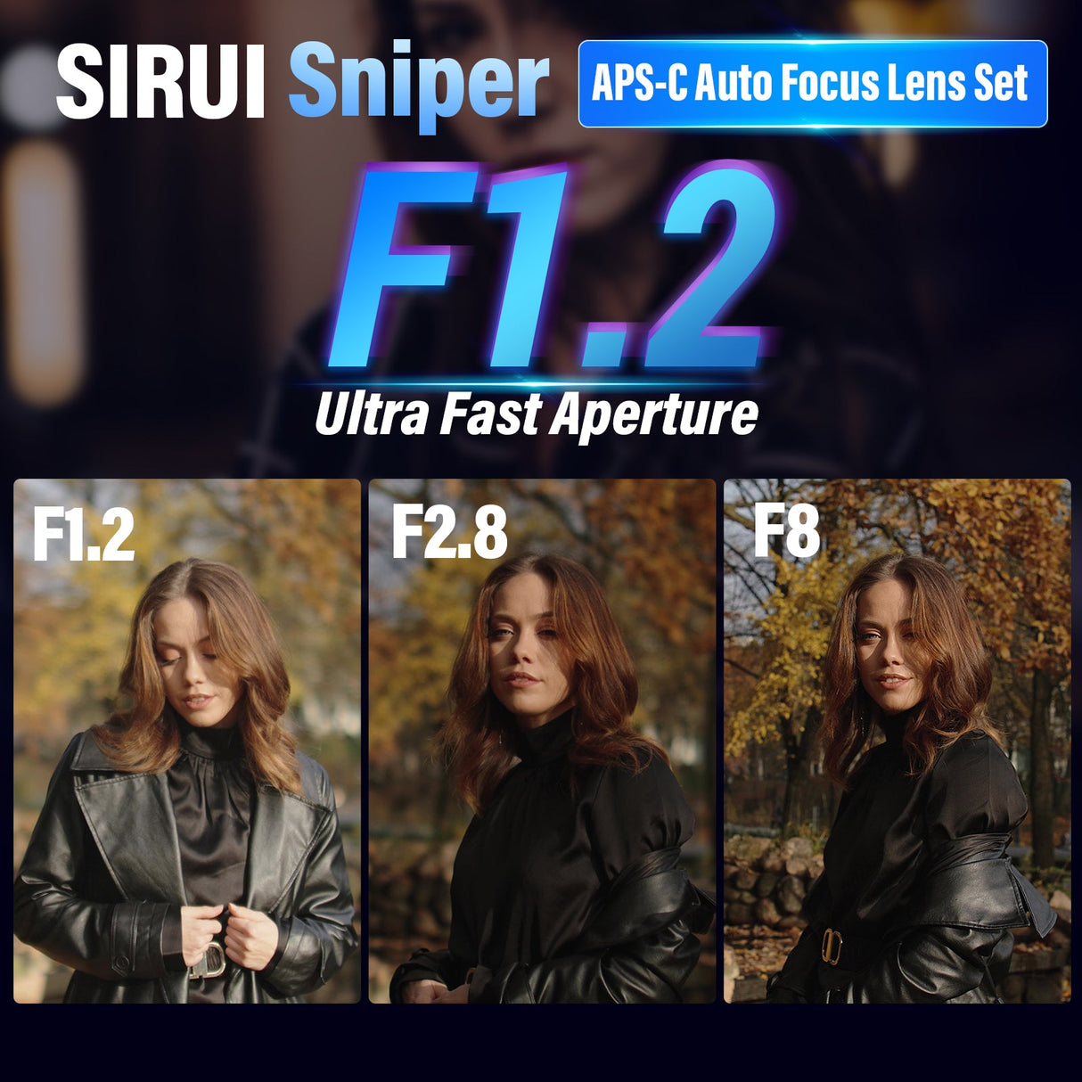 SIRUI Sniper 16/23/33/56/75mm F1.2 APS-C Frame Autofocus Lens showing ultra fast aperture settings F1.2, F2.8, and F8.