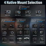 SIRUI Night Walker T1.2 S35 Frame Cine Lens Series native mount selection for various camera brands.