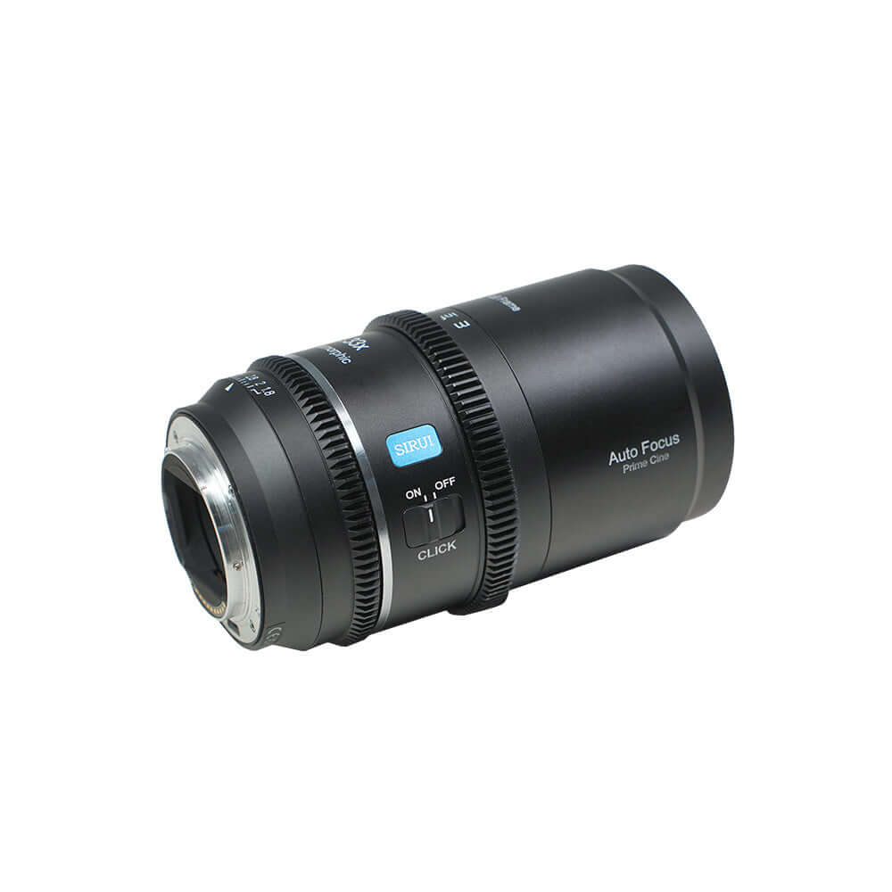 SIRUI Astra Series 1.33x Full Frame Auto Focus Anamorphic Cine Lens showcasing its sleek design and focus controls.