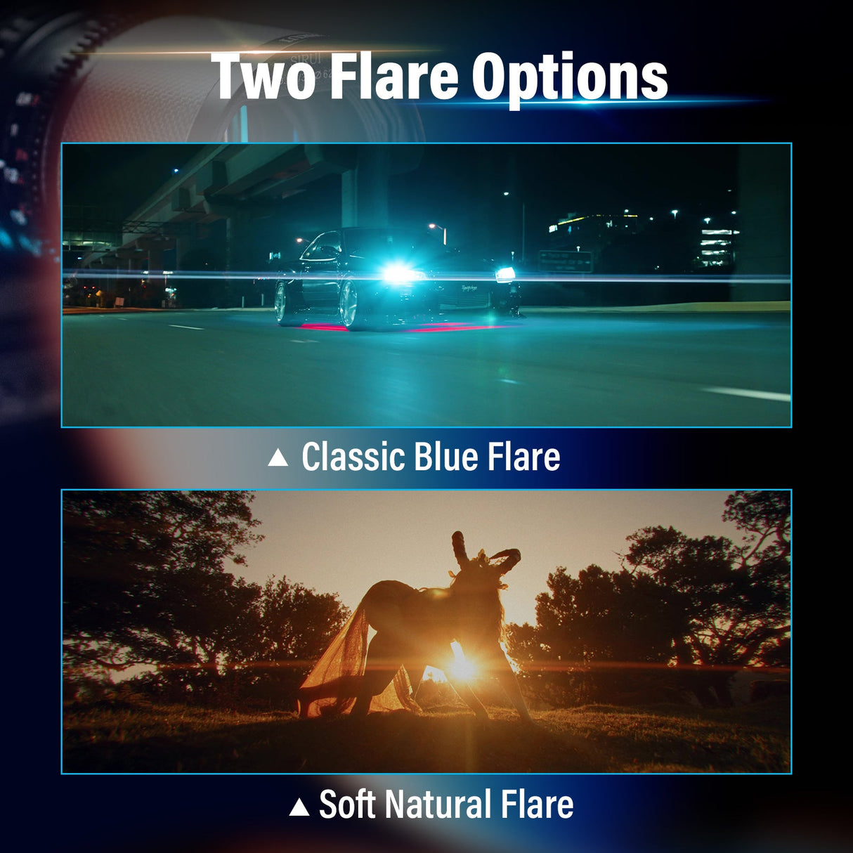 Two Flare Options showcasing Classic Blue Flare and Soft Natural Flare with SIRUI Saturn 35/50/75mm T2.9 lens.