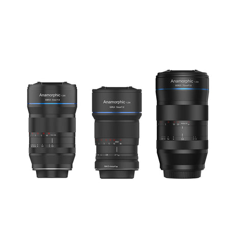 SIRUI 35mm F1.8 1.33x M4/3 Anamorphic Lens with two other Anamorphic lenses, showcasing different models and features.