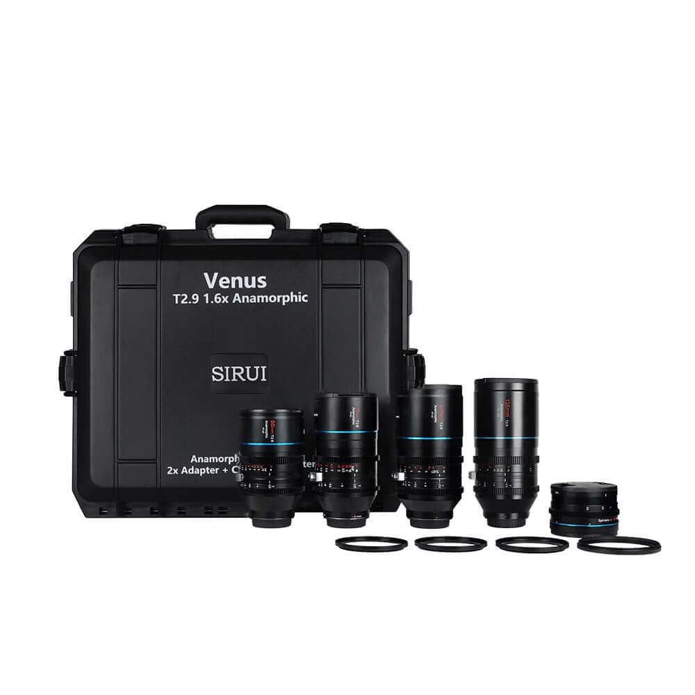 SIRUI Venus Full-Frame Anamorphic Lens set including T2.9 1.6x lenses and case for filmmakers and photography.