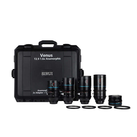 SIRUI Venus Full-Frame Anamorphic Lens set including T2.9 1.6x lenses and case for filmmakers and photography.