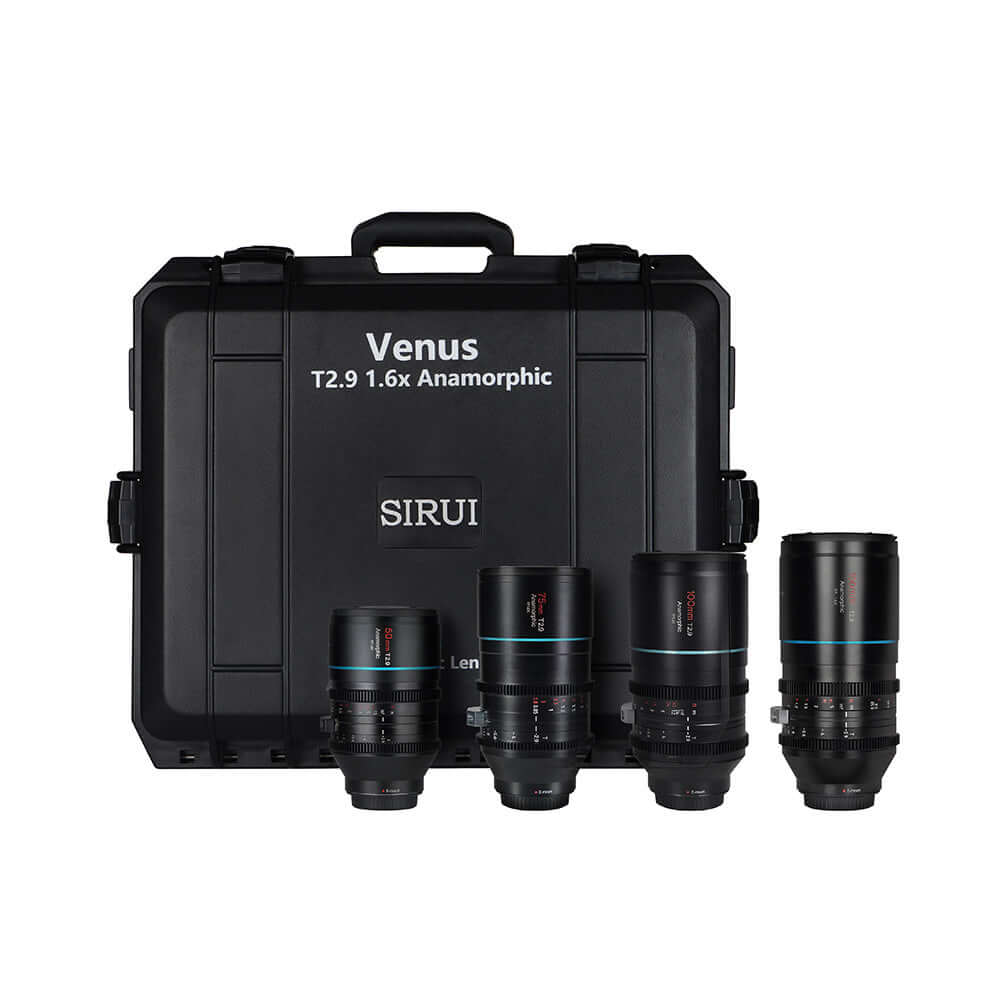SIRUI Venus Full-Frame Anamorphic Lens set including T2.9 1.6x lenses in a sturdy case for filmmakers.