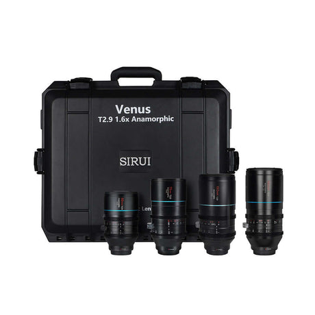 SIRUI Venus Full-Frame Anamorphic Lens set including T2.9 1.6x lenses in a sturdy case for filmmakers.