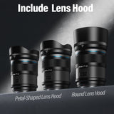 SIRUI Sniper 16/23/33/56/75mm F1.2 APS-C Frame Autofocus Lens with Petal and Round Lens Hoods displayed.