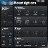 Mount options for various cameras including DL, RF, E, Z, X, and L mounts with compatible camera models.