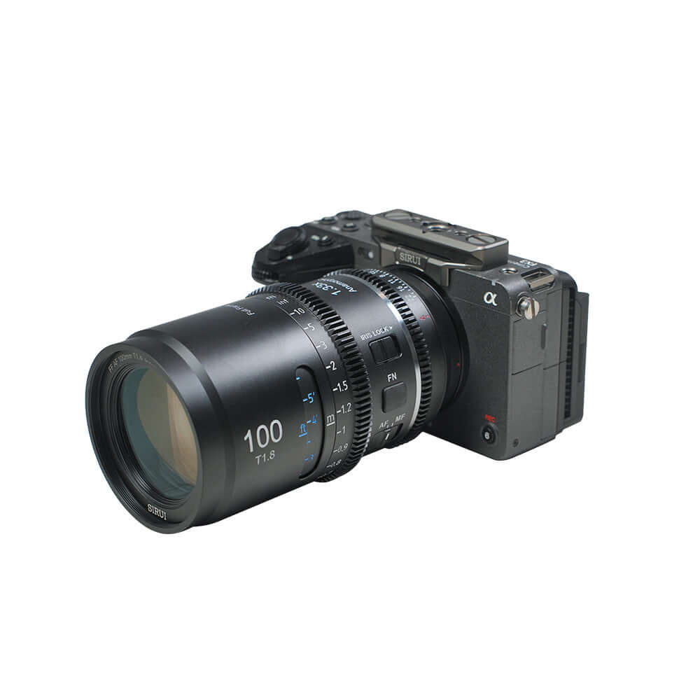 SIRUI Astra Series 1.33x Full Frame Auto Focus Anamorphic Cine Lens mounted on a camera body.