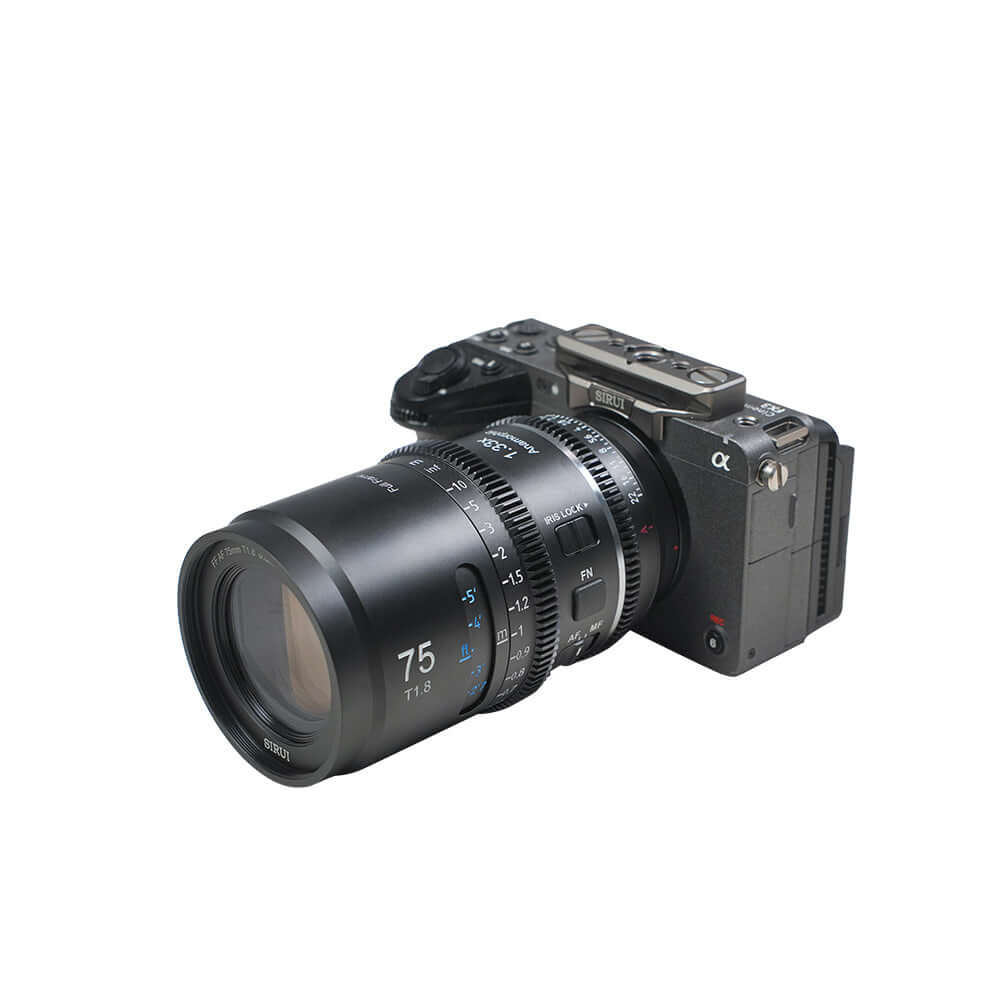 SIRUI Astra Series 1.33x Full Frame Auto Focus Anamorphic Cine Lens mounted on a camera body.