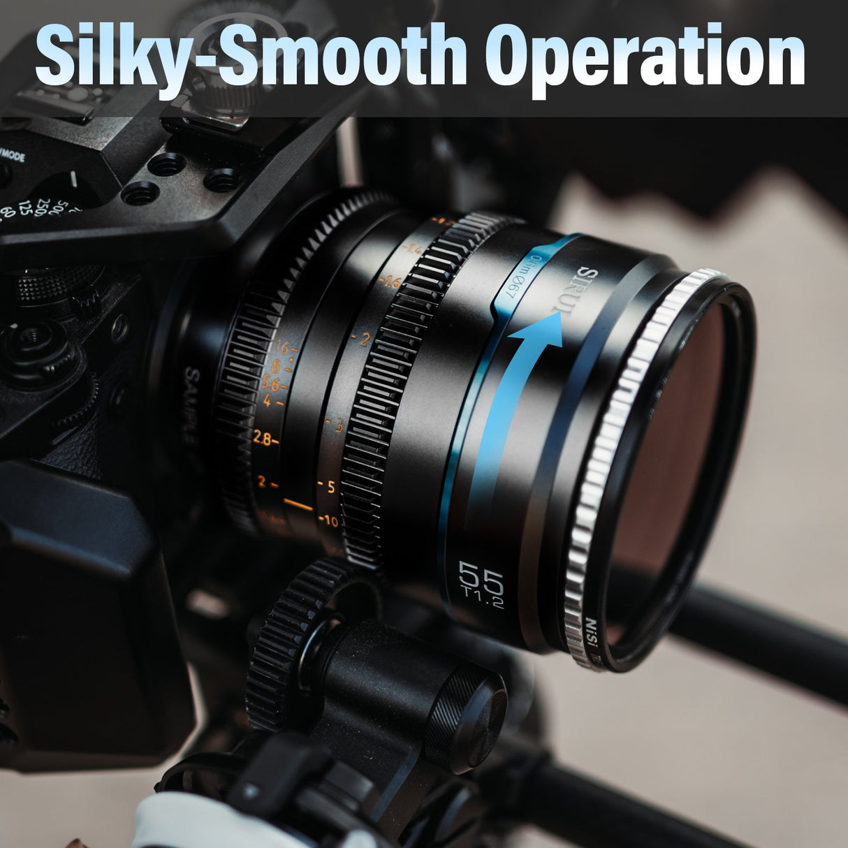 SIRUI Night Walker T1.2 S35 Frame Cine Lens Series on camera showcasing silky-smooth operation.