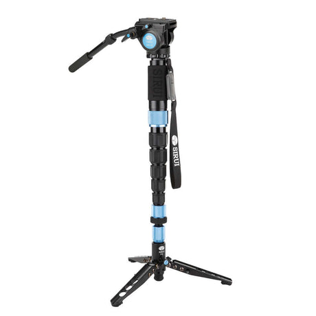 SIRUI P-426SR Multifunction Carbon Monopod with VH-10 Fluid Video Head - PSR Series standing with tripod legs deployed