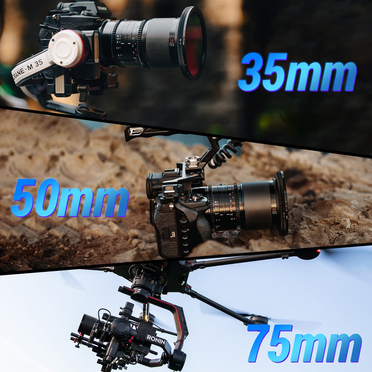 SIRUI Saturn 35/50/75mm T2.9 1.6x Full-Frame Carbon Fiber Anamorphic Lens displayed on cameras with 35mm, 50mm, and 75mm focal lengths.