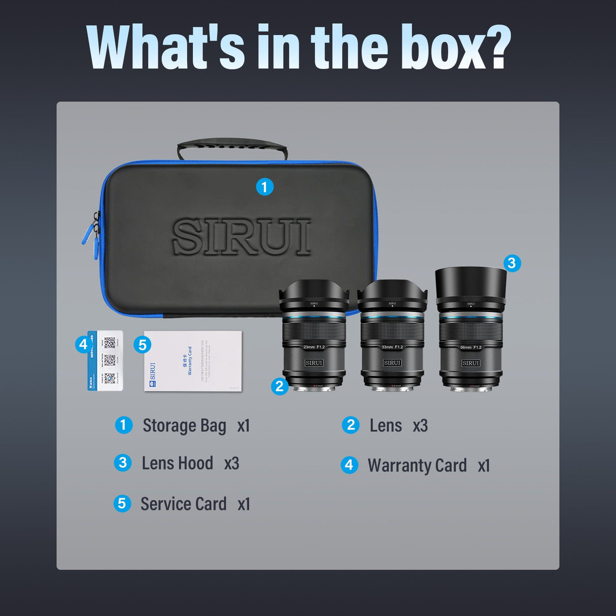 What's in the box for SIRUI Sniper 16/23/33/56/75mm F1.2 APS-C Frame Autofocus Lens featuring storage bag and lenses.
