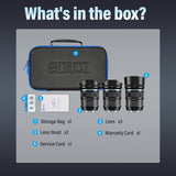 What's in the box for SIRUI Sniper 16/23/33/56/75mm F1.2 APS-C Frame Autofocus Lens featuring storage bag and lenses.