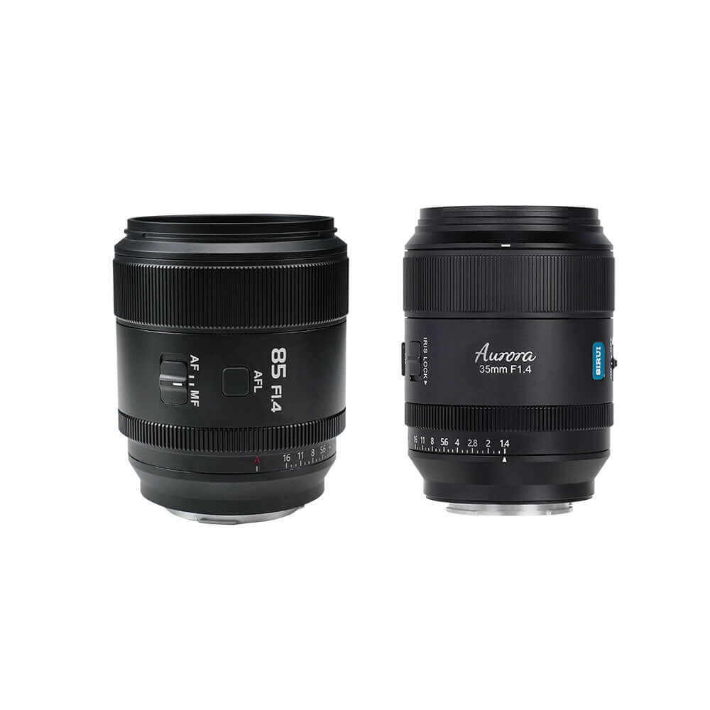 SIRUI AURORA Series 85mm F1.4 Full-frame Autofocus Lens alongside 35mm lens in black finish.