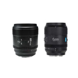 SIRUI AURORA Series 85mm F1.4 Full-frame Autofocus Lens alongside 35mm lens in black finish.