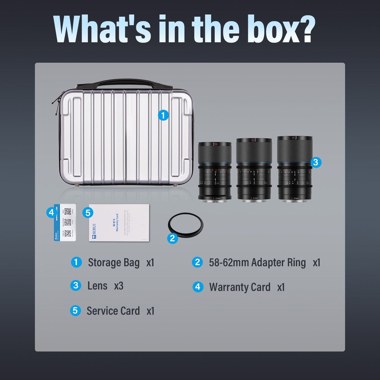 What's in the box for SIRUI Saturn 35/50/75mm T2.9 1.6x Full-Frame Carbon Fiber Anamorphic Lens?