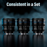 SIRUI Night Walker T1.2 S35 Frame Cine Lens Series displayed in a set with three lenses.