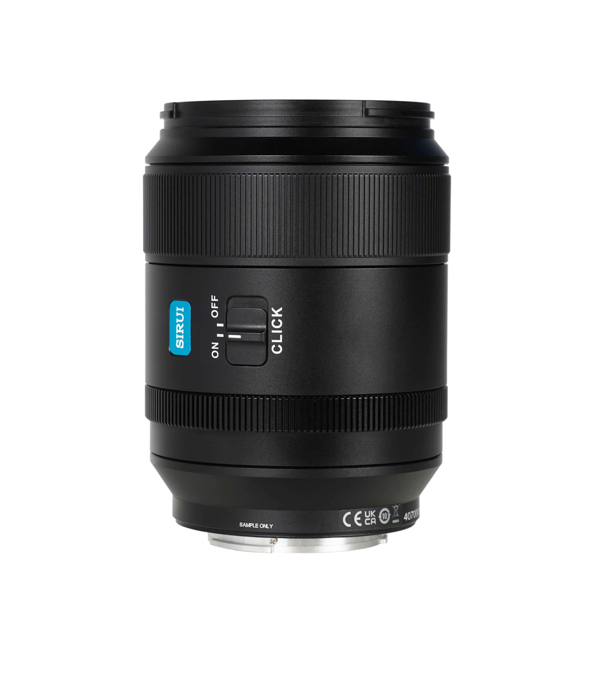 SIRUI AURORA Series 35mm F1.4 Full-frame Autofocus Lens side view showing focus and click settings.
