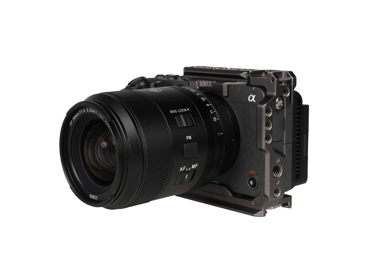 SIRUI AURORA Series 35mm F1.4 Full-frame Autofocus Lens attached to camera with rig
