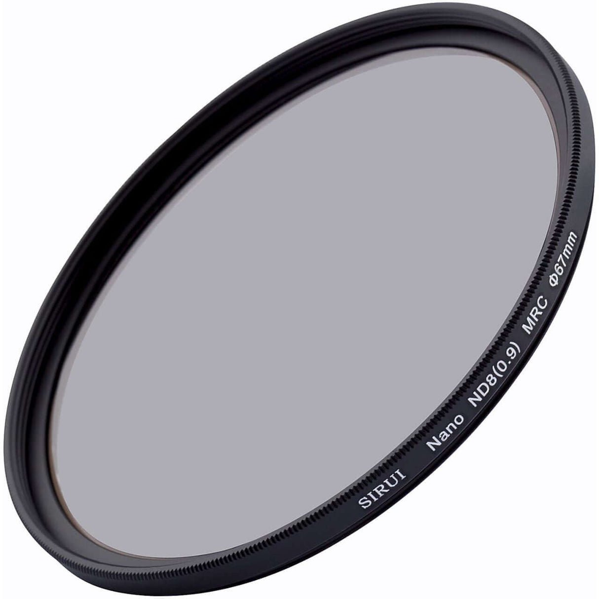 SIRUI ND867A 67mm ND8 Filter with Aluminum Ring displayed at an angle, showcasing its sleek design and functionality.