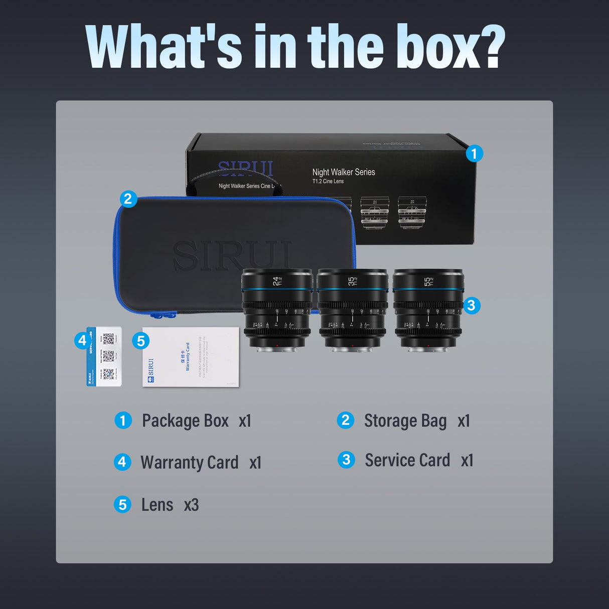 SIRUI Night Walker T1.2 S35 Frame Cine Lens Series what's in the box including lenses, storage bag, and warranty card.